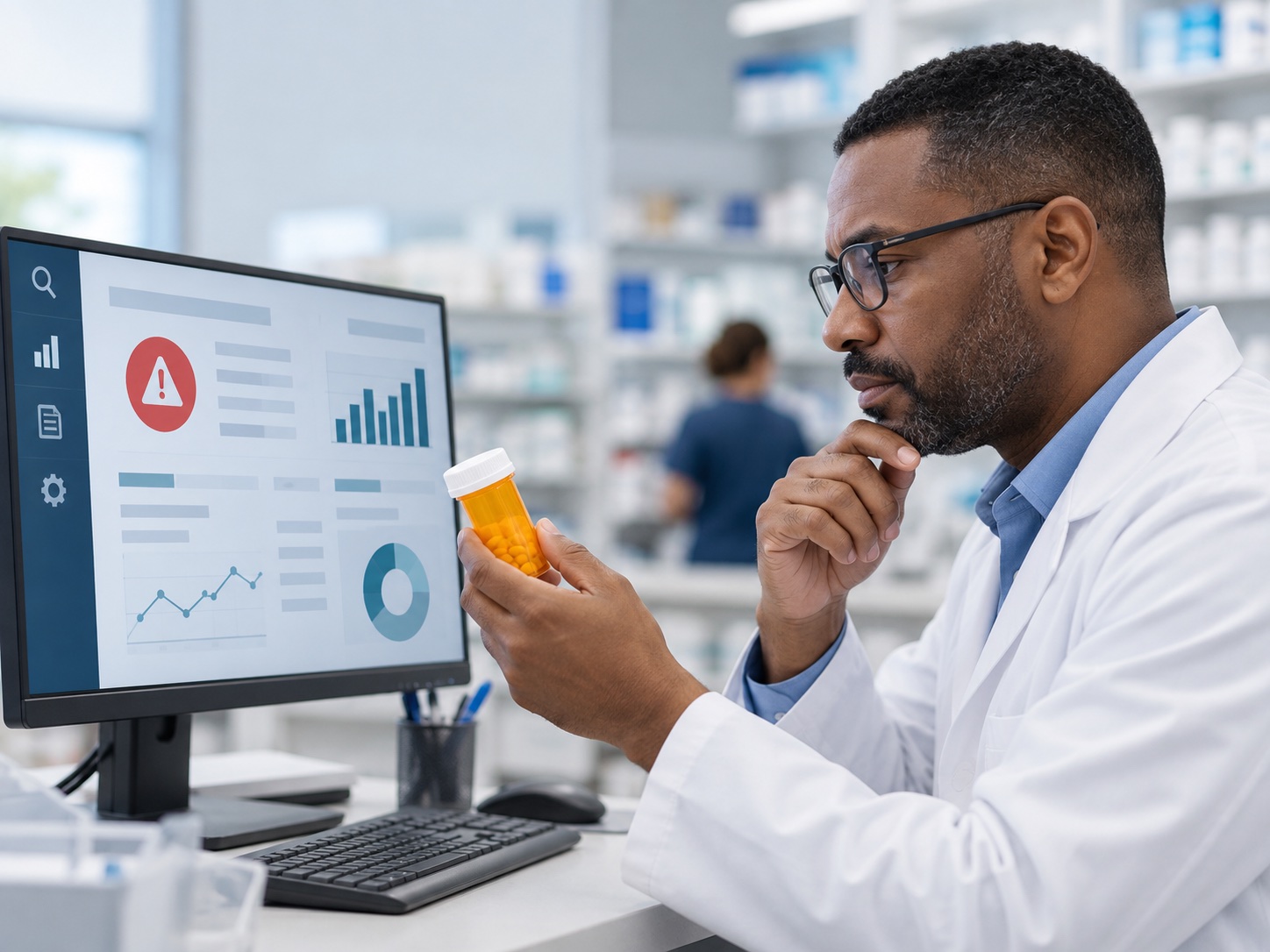 Pharmacist reviewing a prescription claim alert at a pharmacy workstation
