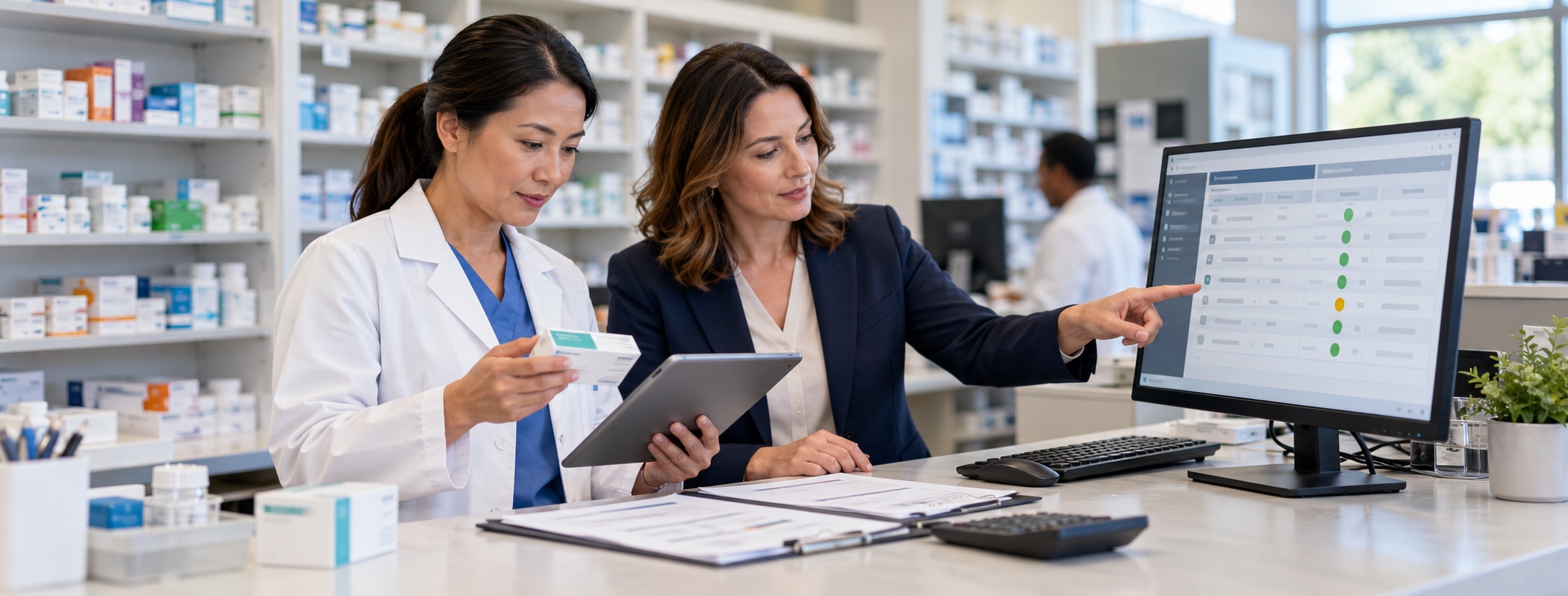 Pharmacist and claims analyst reviewing medication eligibility, claim verification, and reconciliation records