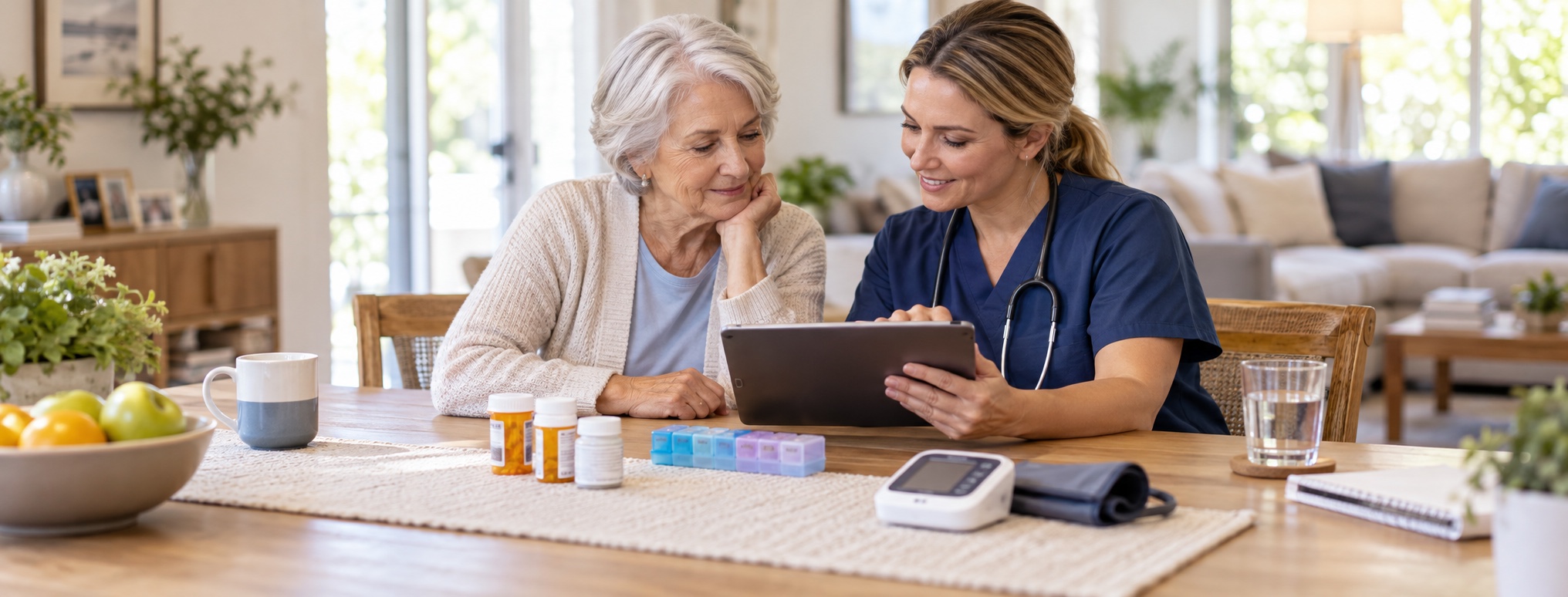 Patient and clinician reviewing a digital care plan with medications and a home health monitor